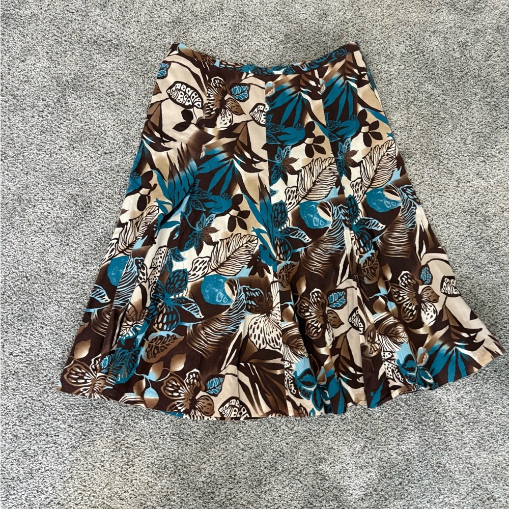 Y2K Coded liz & co. A-Line Skirt with Brown and Blue Floral Design 100% Cotton